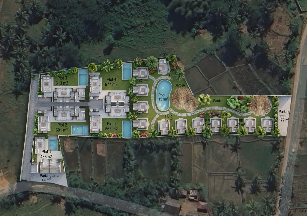 Thrive village site plan with villa cluster, pool and gardens